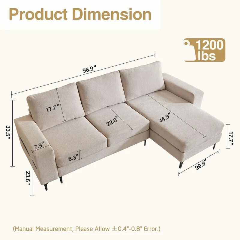 L-Shaped Upholstered Sofa Couch with Metal Legs