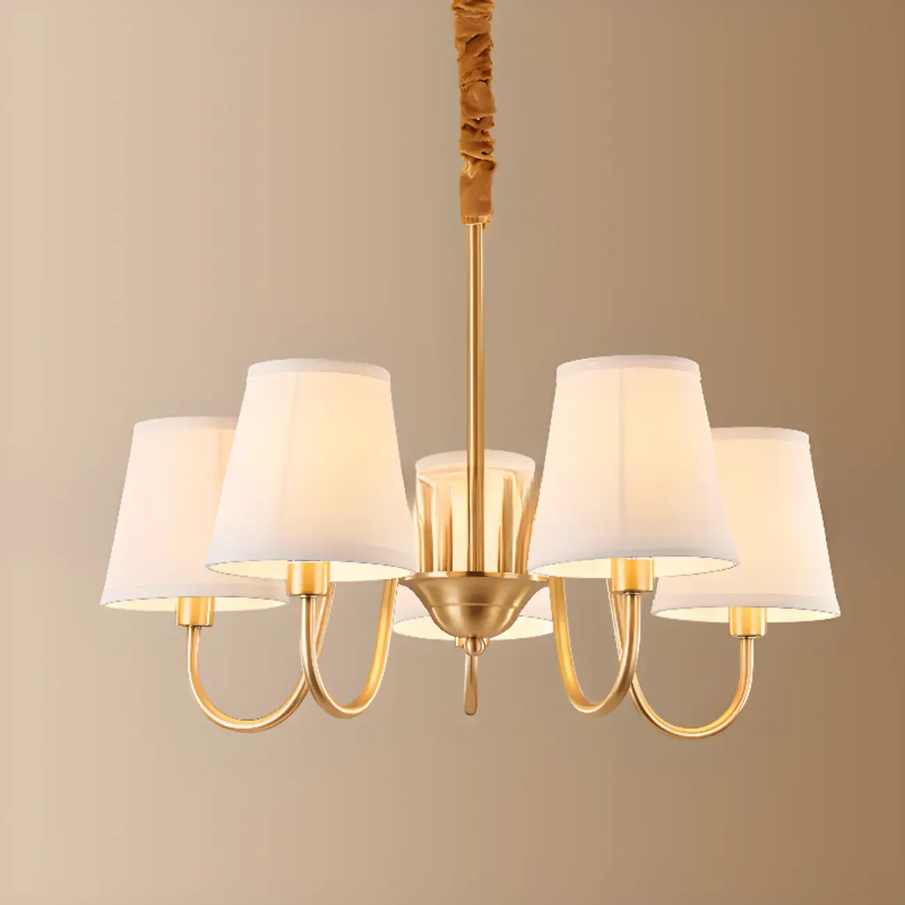 Modern Brass Hanging Chandelier with Fabric Shade