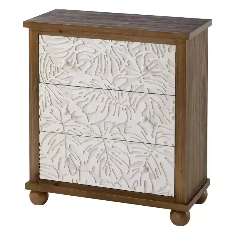 COZAYH Rustic Farmhouse Dresser with Carved Leaves Pattern and 3 Drawers, for Bedroom or Living Room, Made from Durable Engineered Wood, White