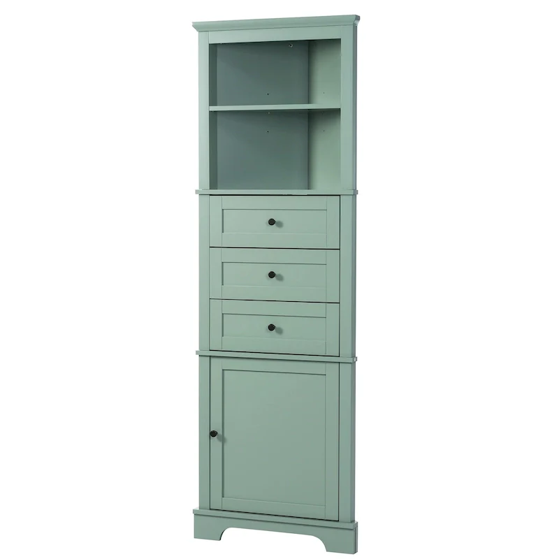Green / White Tall Corner Cabinet with 3 Drawers & Adjustable Shelves – 1-Person Assembly