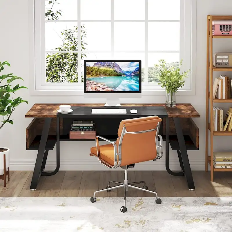 Brown & Black Industrial Writing Desk with Storage Shelf, 1-Person