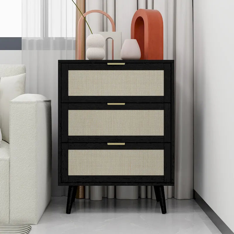 Walnut / Black / Blue / Natural / Dark Green Rattan 3-Drawer Side Table – 1 Person Use