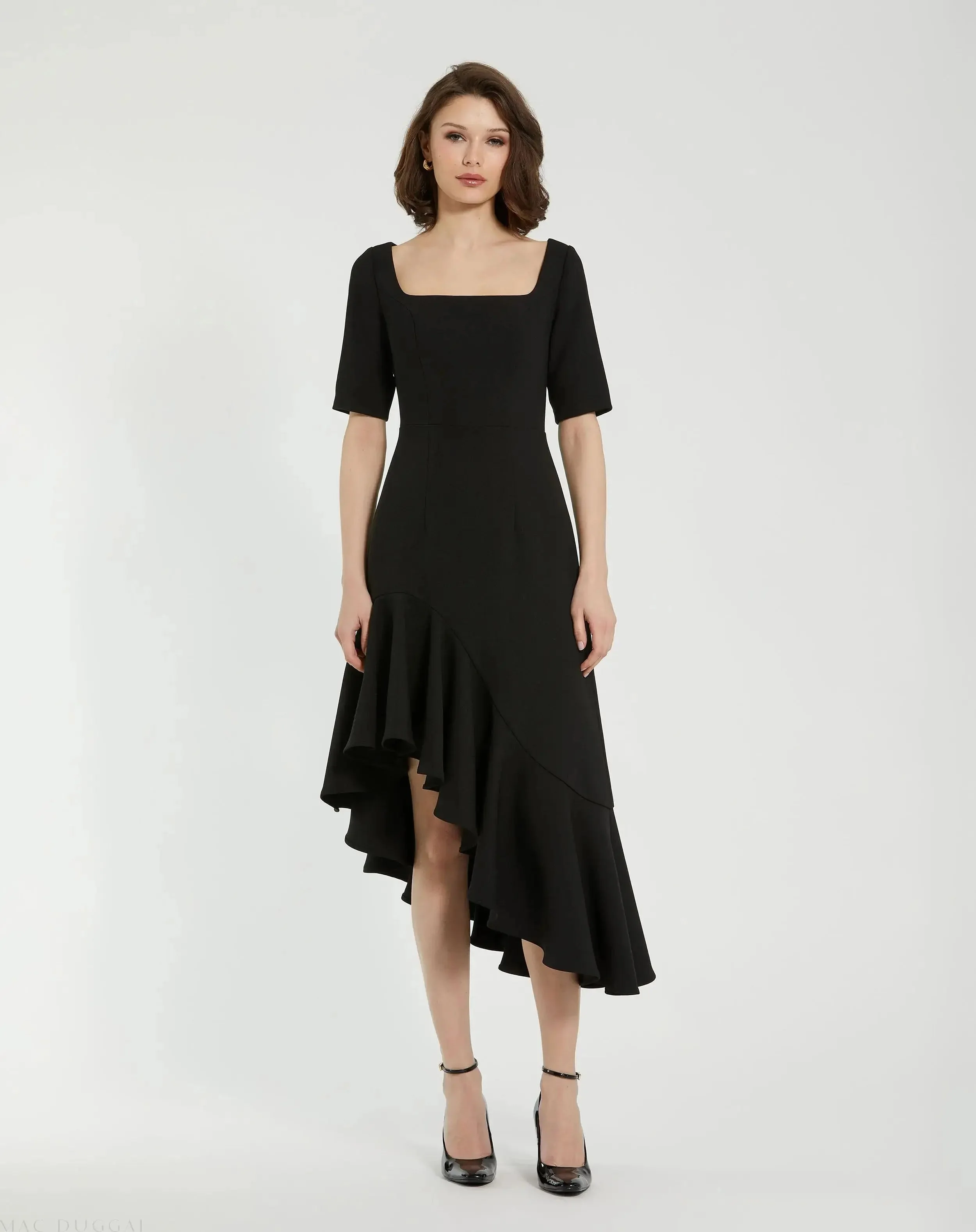Black Crepe 3/4 Sleeve Asymmetrical Hem Dress