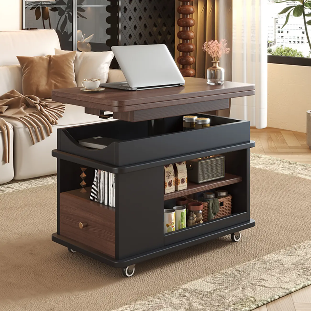 Rectangle Foldable Lift Top Wood Metal Side Table with Wheels