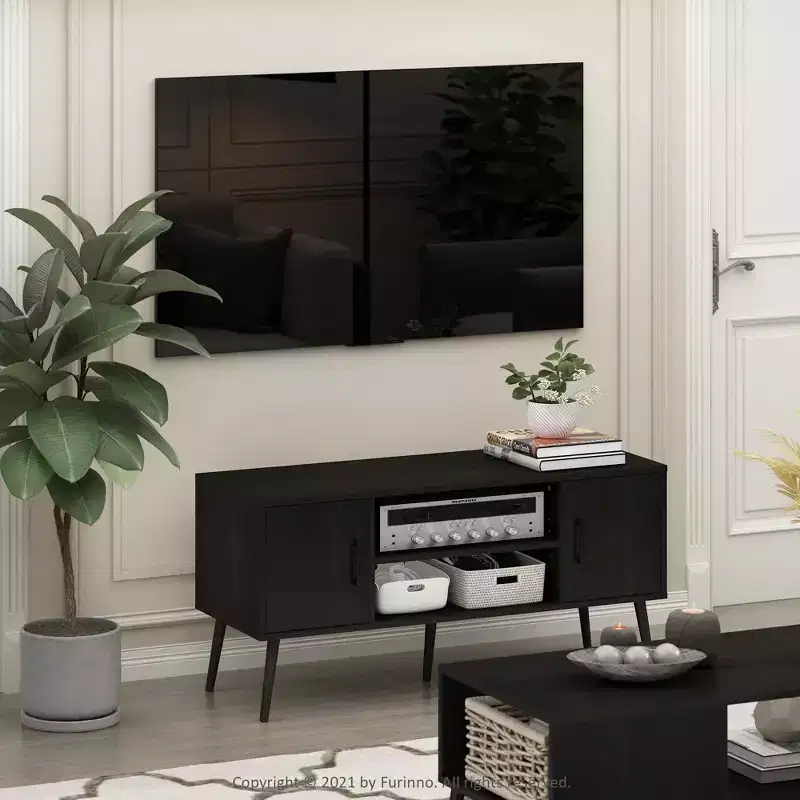 Furinno Mid-Century TV Stand Entertainment Media Console w/2 Cabinets&Open Storage Shelves for TVs up to 50,Espresso