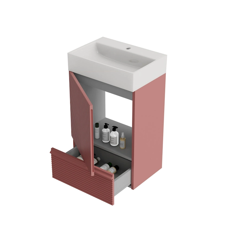 Single Sink Bathroom Vanity, Modern Grille-patterned Freestanding Vanity With Hidden Handle, Wood Bathroom Cabinet