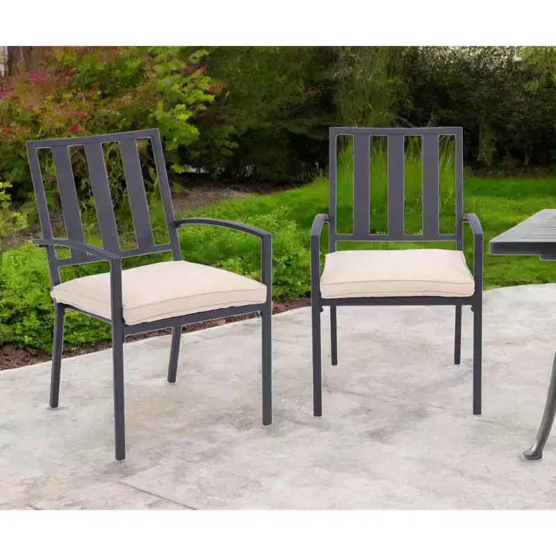 HomeRoots Set of Two Dark Gray Aluminum Outdoor Stacking Dining Chairs with Beige Cushion