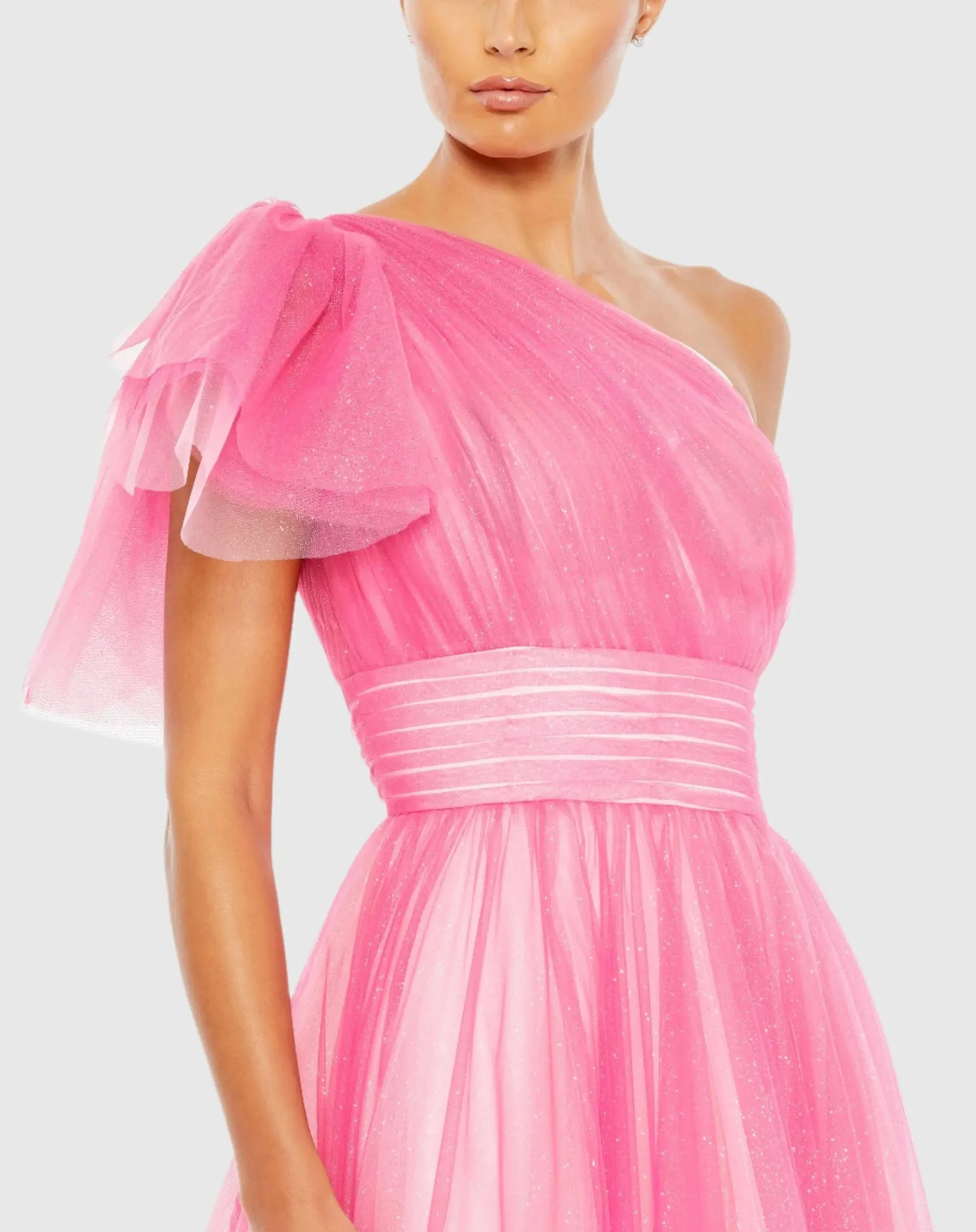 Pink Glitter Ombre Ruffled One Shoulder Ballgown - FINAL SALE