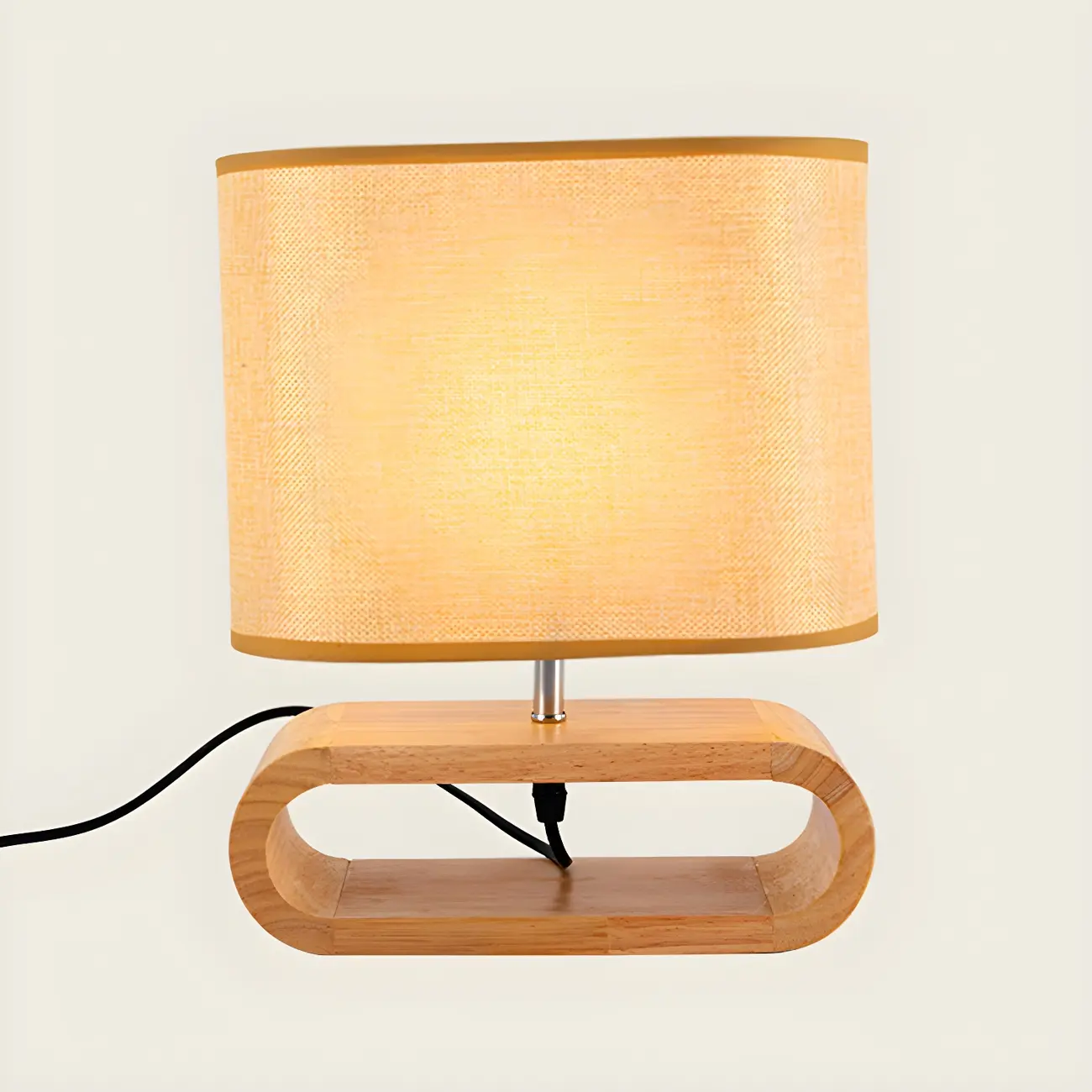 Bedside Wood LED Plug In Table Lamp in Fabric Shade