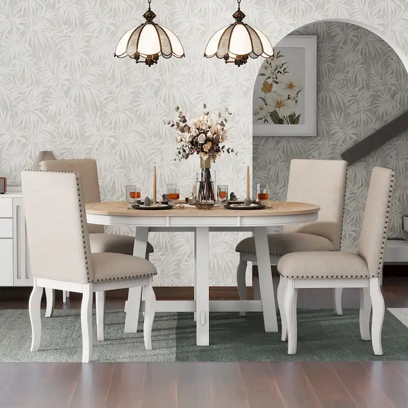 5-Piece Wooden Dining Table Set with Extendable Round Table & 4 Chairs
