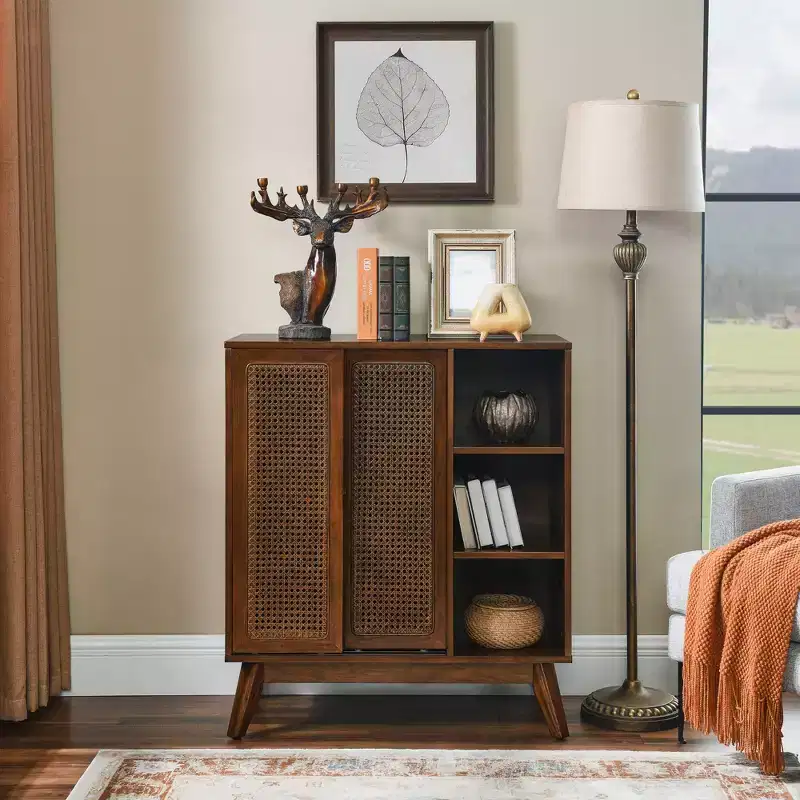 JVNOXK Medieval-inspired modern rattan sideboard with adjustable shelves and solid wood base, ideal for entryways or kitchens. Available in dark wood