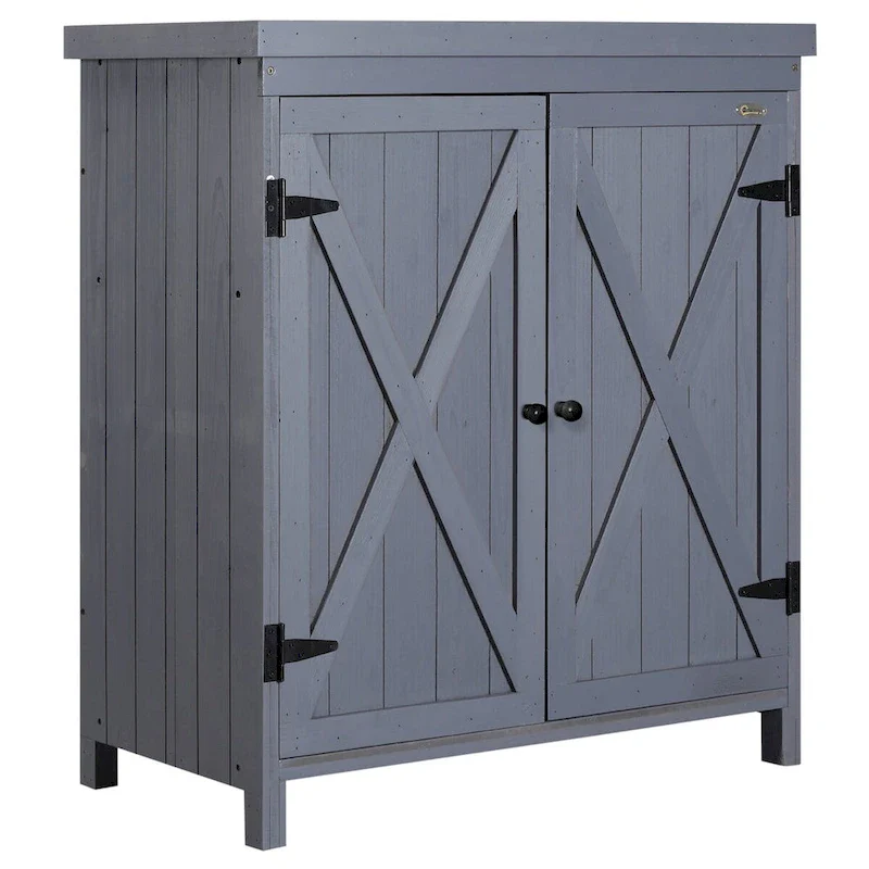Garden Storage Cabinet, Outdoor Tool Shed with Galvanized Top and Two Shelves for Yard Tools or Pool Accessories