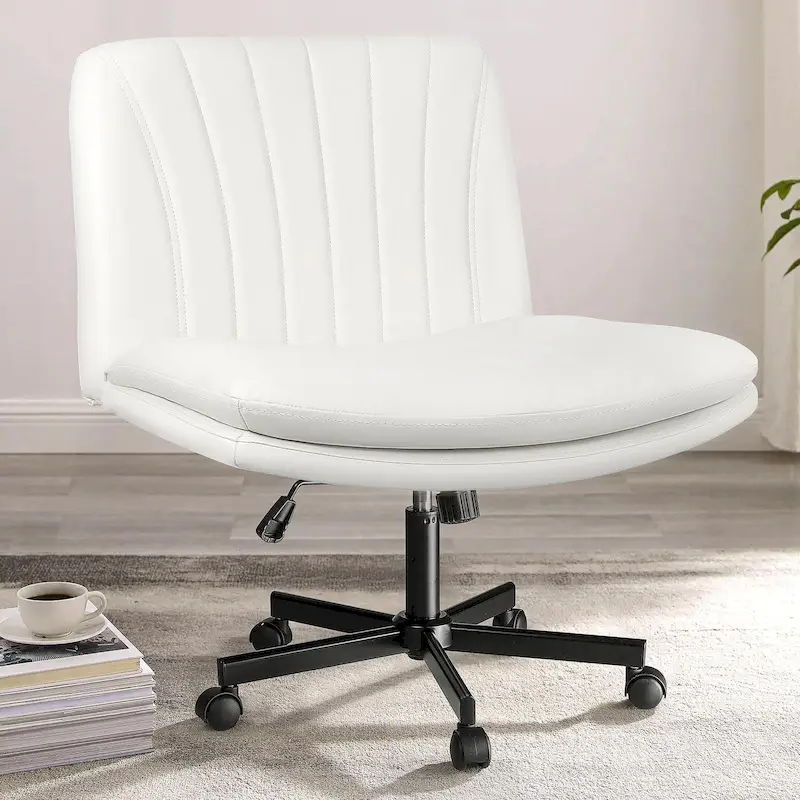 Cross Chair with Wheels,PU Leather Armless Cross Legged Office chair, Adjustable Wide Seat Task Vanity Chair