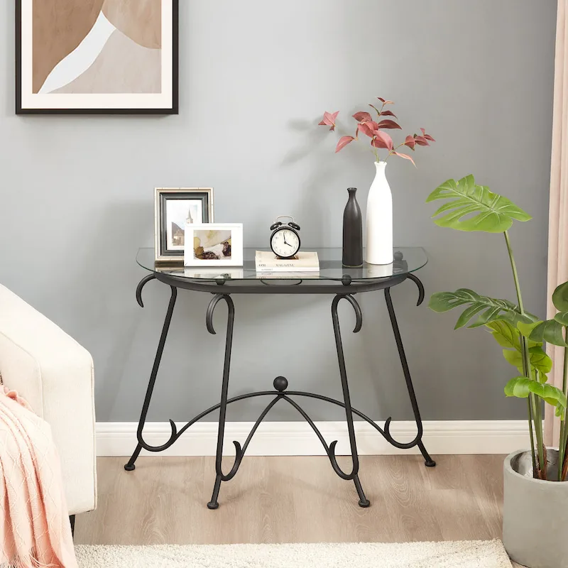 Clear Tempered Glass Half-Moon Side Table, Black Metal Frame, 1-Person