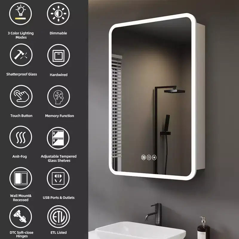 HBEZON LED Medicine Cabinet with Lights and Mirrors, Recess/Wall Mount Bathroom Cabinet, 3 Mode Lights, Dimmable, Anti-Fog, Silver