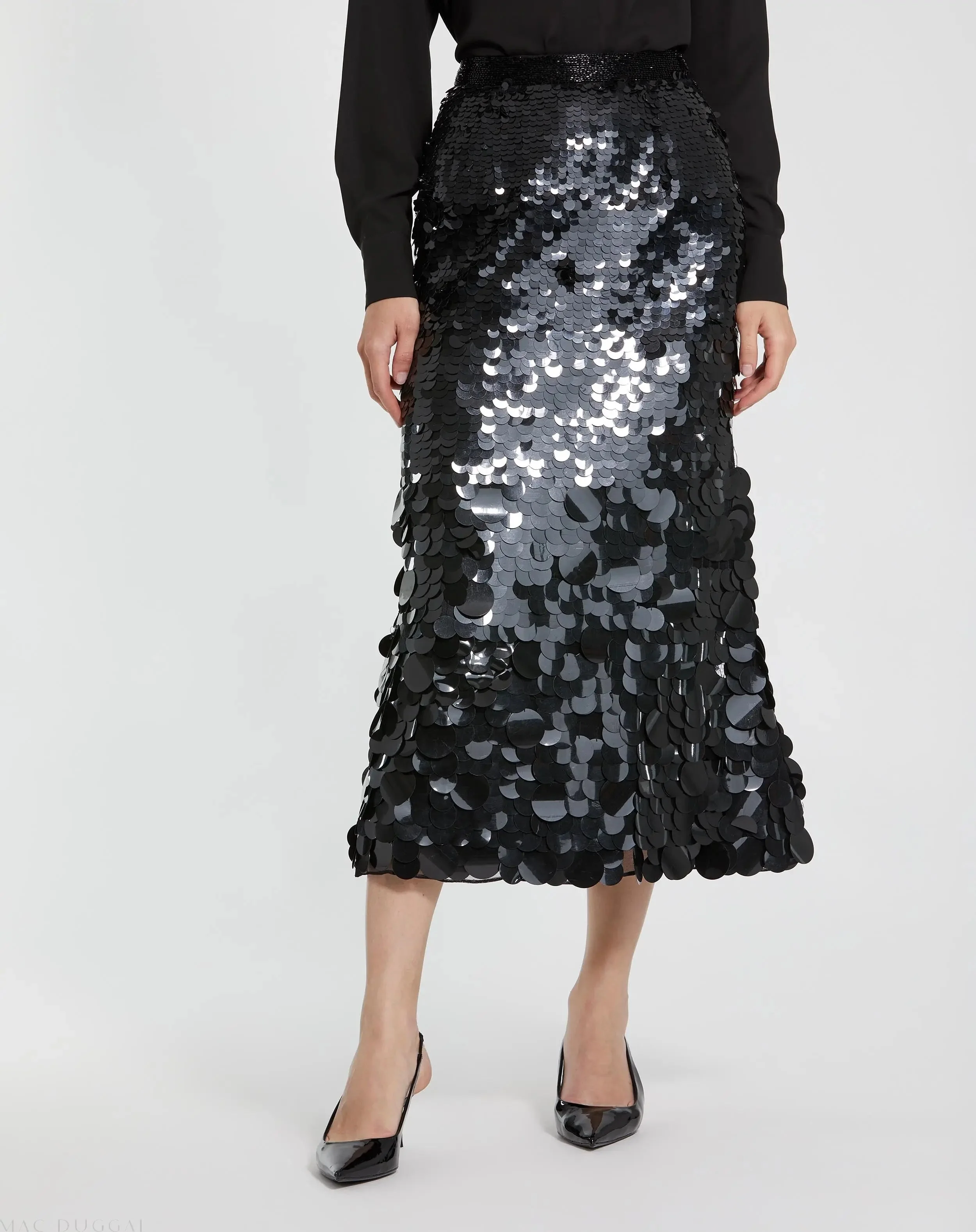 Black Paillette Sequin Midi Skirt