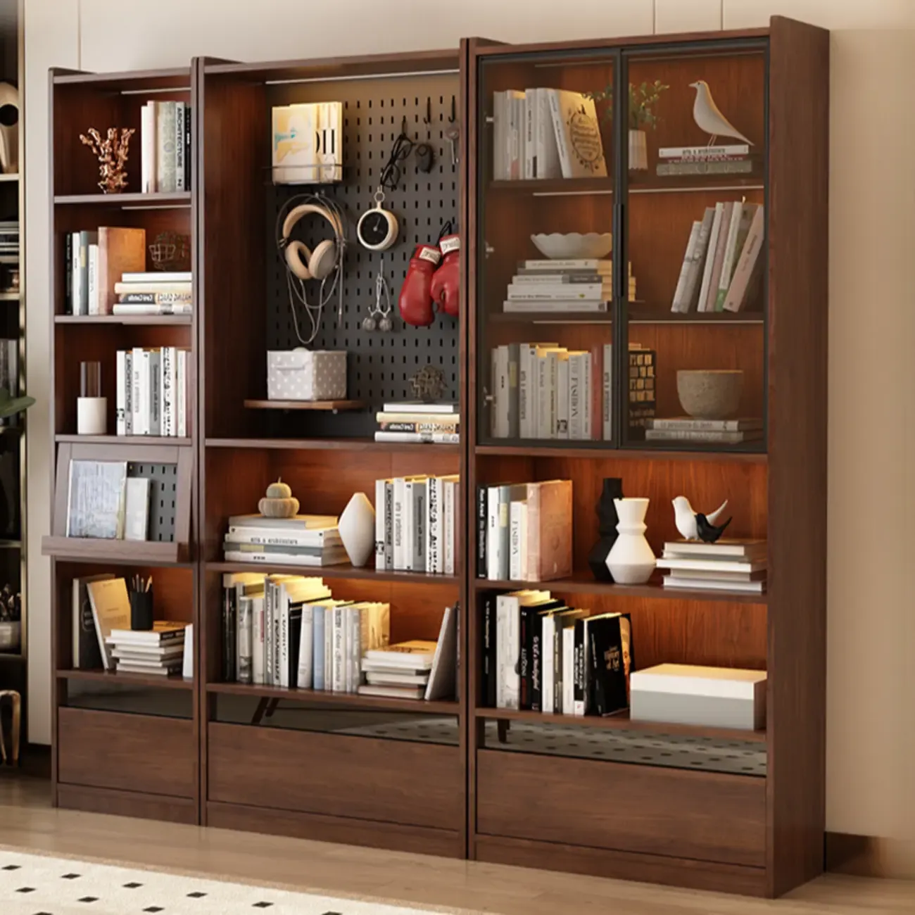 Mid Centyury Tall Brown Vertical Wood Bookcase with Drawers