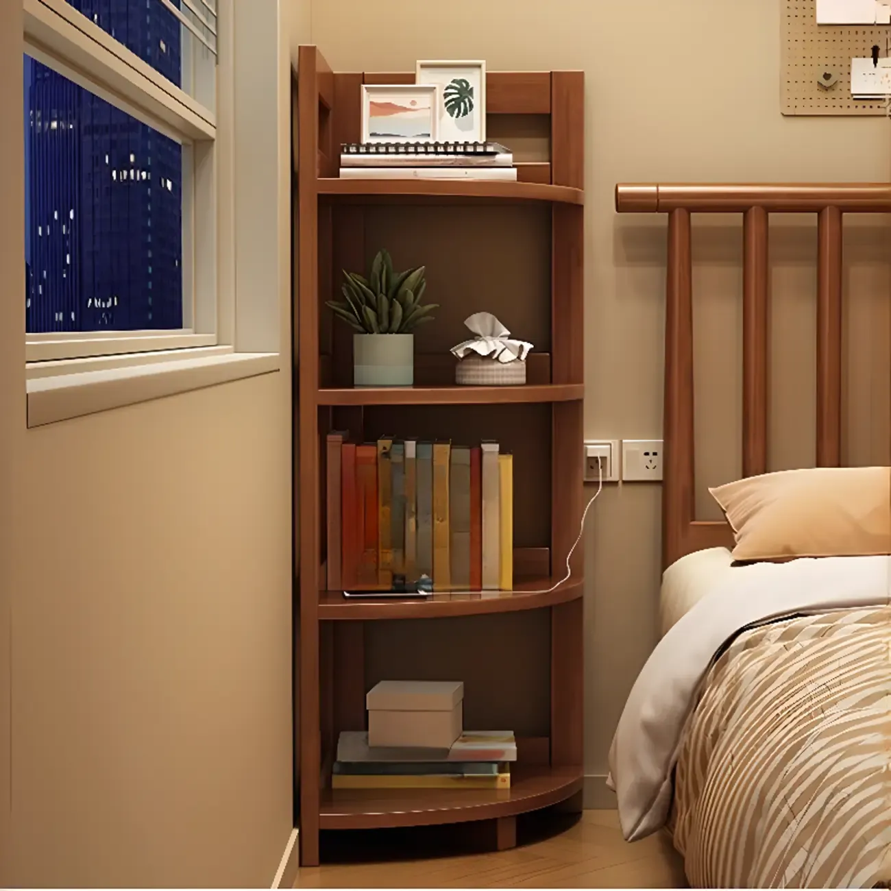 Narrow 4-Tier Nut-Brown Wood Corner Bookcase