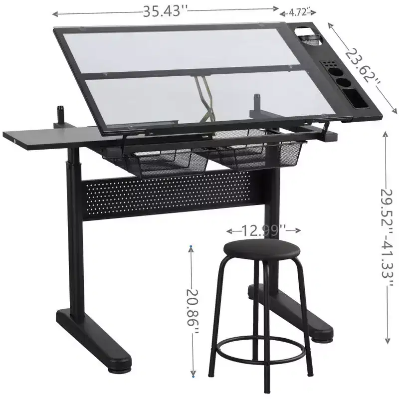 JVNOXK Hand-Crank Adjustable Drafting Table (with 2 Metal Drawers, Black) Includes Stool