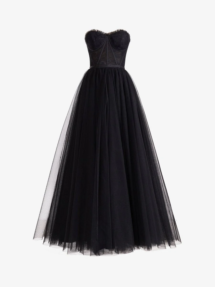 Black A Line Sweetheart Corset Tulle Prom Dress with Slit