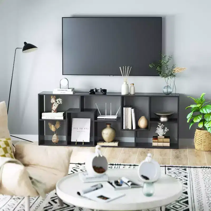 Asymmetrical 5 Tier Bookshelf & Display Shelf - Modern Geometric Bookcase with Staggered Cube Design for Living Room & Home Office