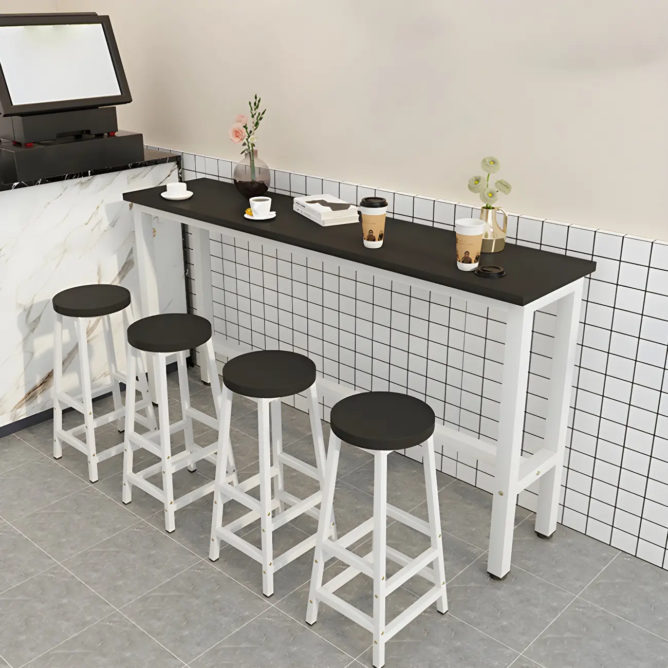 Rectangular Natural Wood Metal Trestle Bar Tables