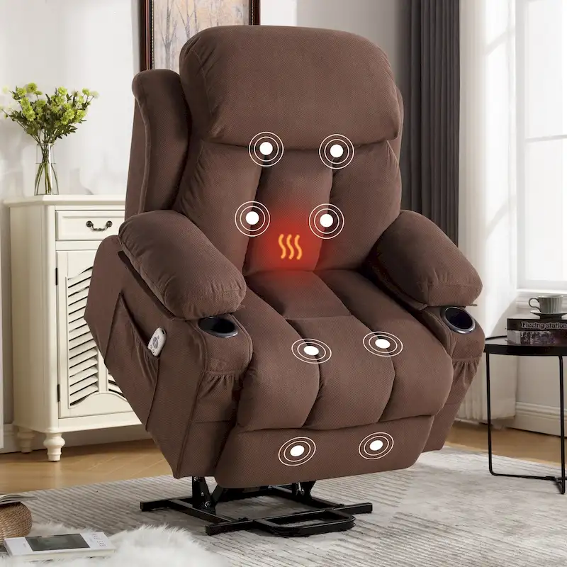 Grey Electric Power Lift Recliner with Heat, Massage, USB Port & Side Pockets
