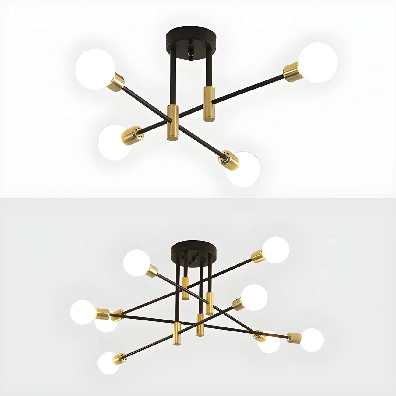 Modern Industrial Black Gold Sputnik Semi Flush Ceiling Light