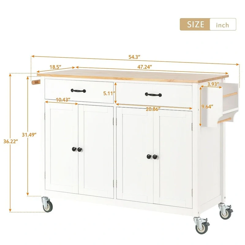 Kitchen Island Cart with Solid Wood Top, Locking Wheels, Spice & Towel Rack