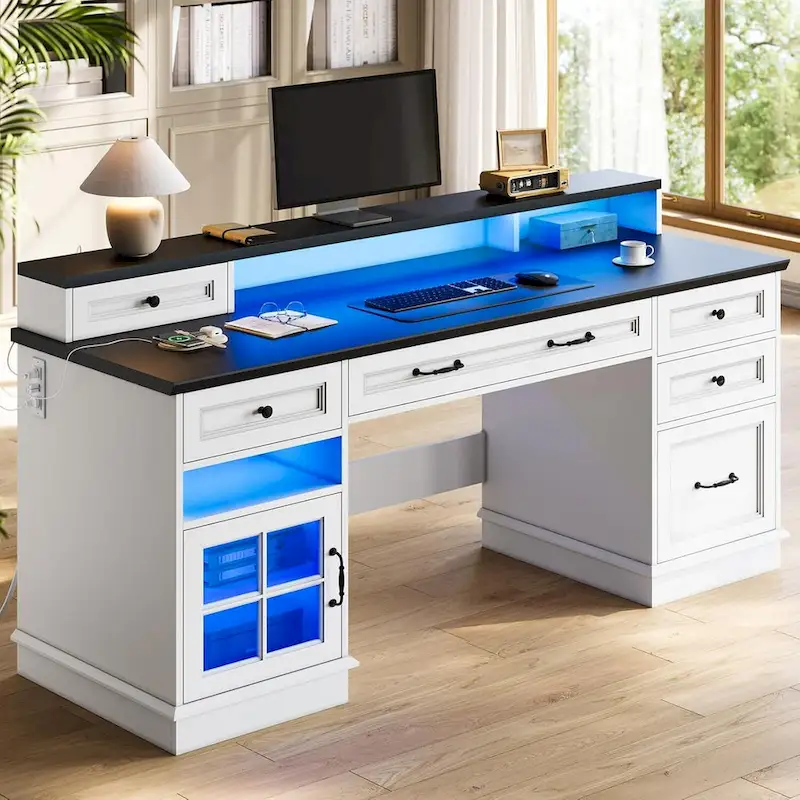 Grey/White/Black Single-Person Computer Desk with Drawers, Storage Cabinet & LED Lights