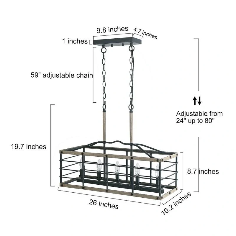 Farmhouse 5-Light Wood Grain Chandelier Kitchen Island Lights - L26 XW10.2 XH19.7