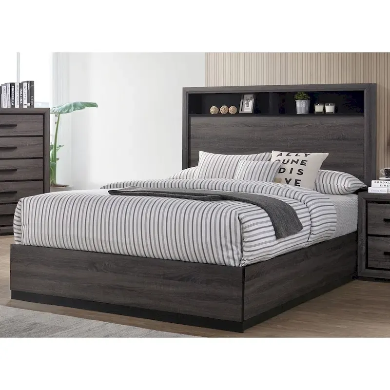 Furniture of America Rothwell Grey Wood Bed with Bookcase Headboard