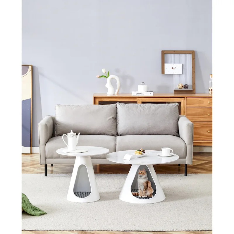 Coffee Round Tables With Marble-Look Top and Steel Base with Cat Beds - Multifunctional