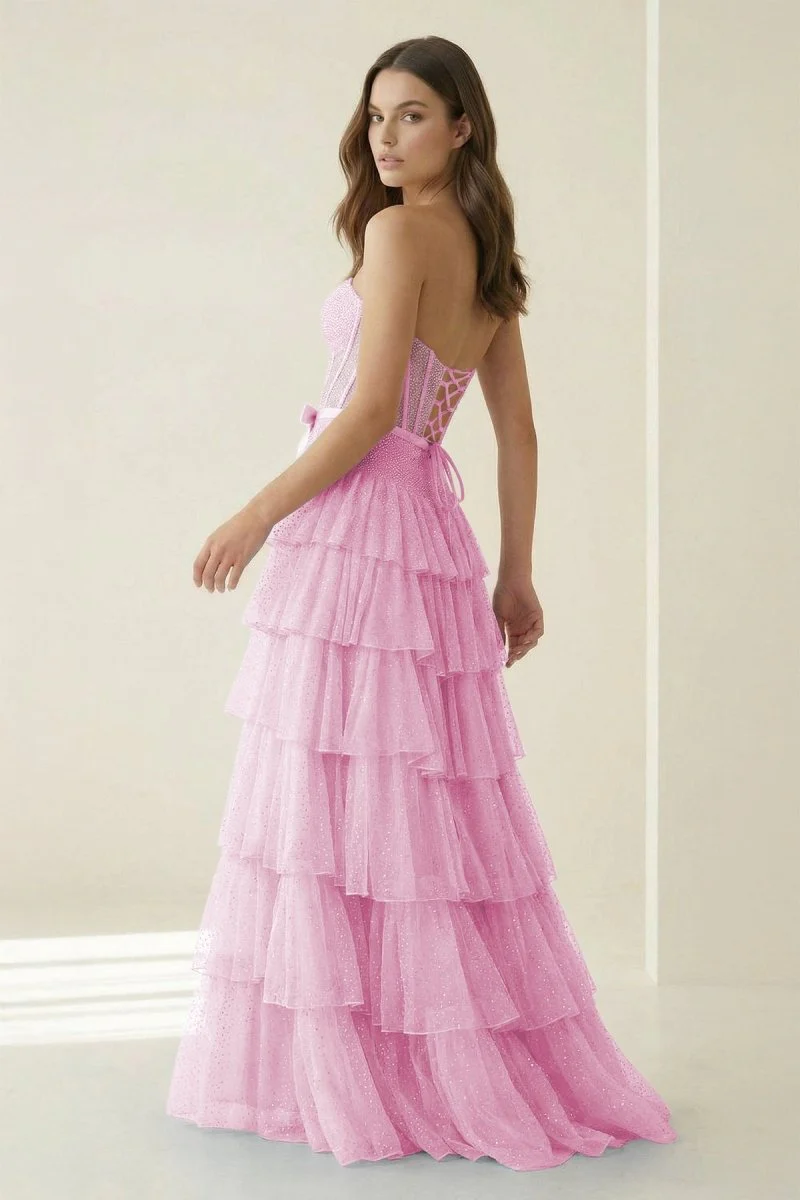 Black-White Strapless A Line Tulle Ruffled Formal Prom Dresses With Beading
