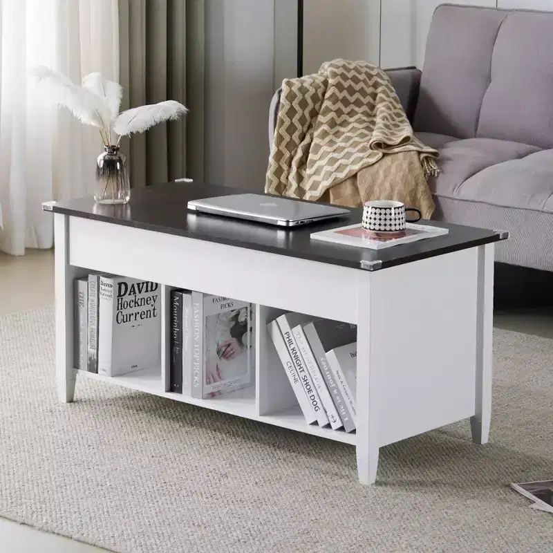 VINGLI Lift Top Coffee Table, White, with Hidden storage and shelves, Gas Lift Mesa De Centro para Sala Pop Up Coffee Table