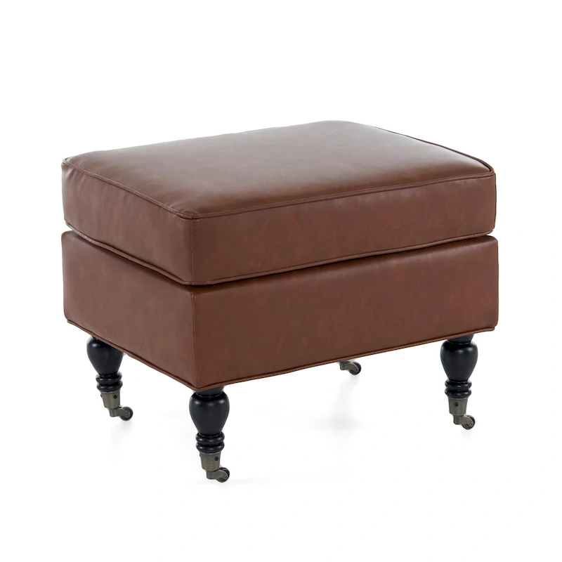 Brown Classic Square PU Leather Ottoman with Wood Legs & Casters, 1-Person