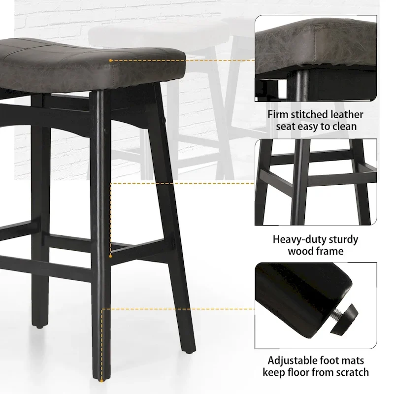 24 Inch Solid Wood Barstools with Linen / PU Leather Fabric Cushion, Set of 2