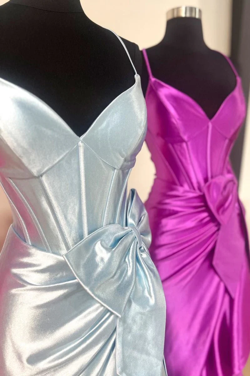 Straps V-Neck Satin Mermaid Prom Dress with Bow