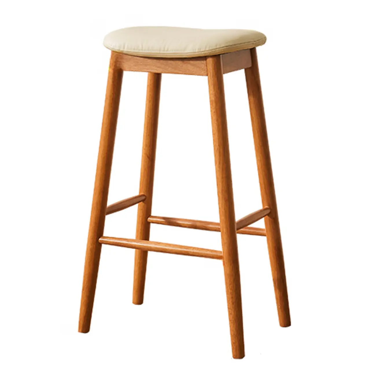 Brown Saddle Leather Seat Wooden Backless Bar Stools