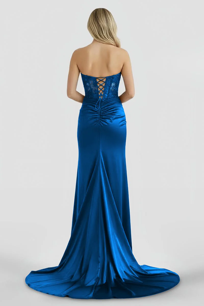 Royal Blue Strapless Lace Mermaid Long Prom Dresses With Slit