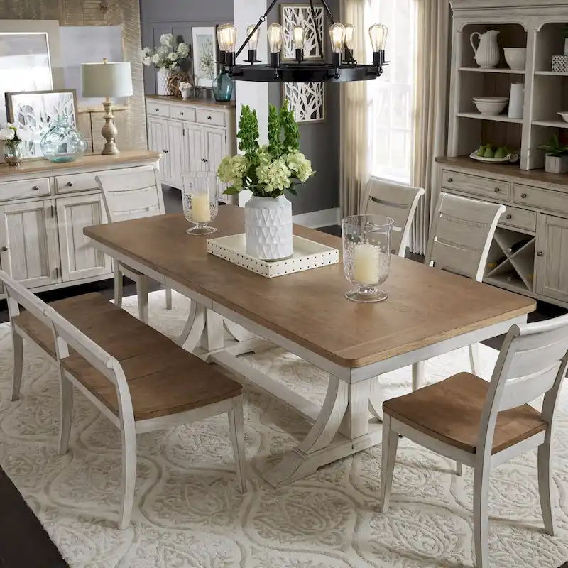 Farmhouse Reimagined Antique White Trestle Dining Table with Chairs and Bench