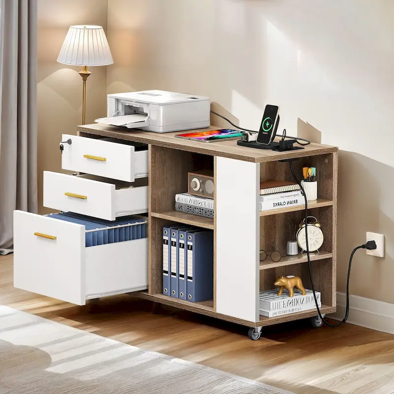 Brown Mobile Wood Lateral File Cabinet with Charging Station & Lock