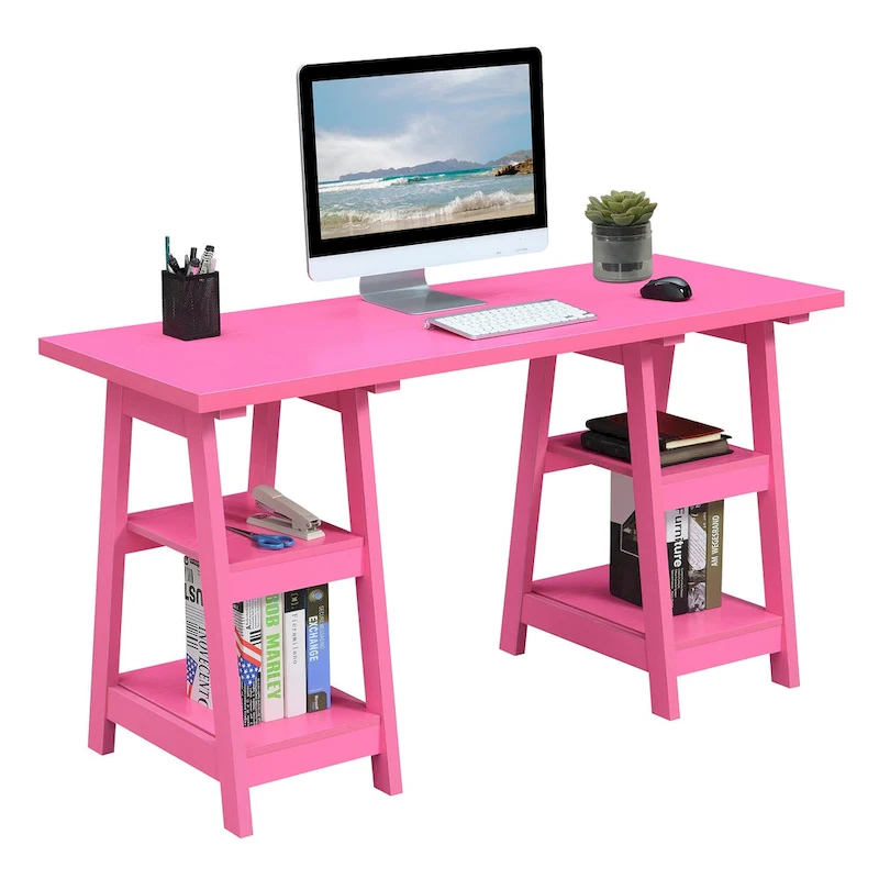 Convenience Concepts Designs2Go Double Trestle Desk with Shelves
