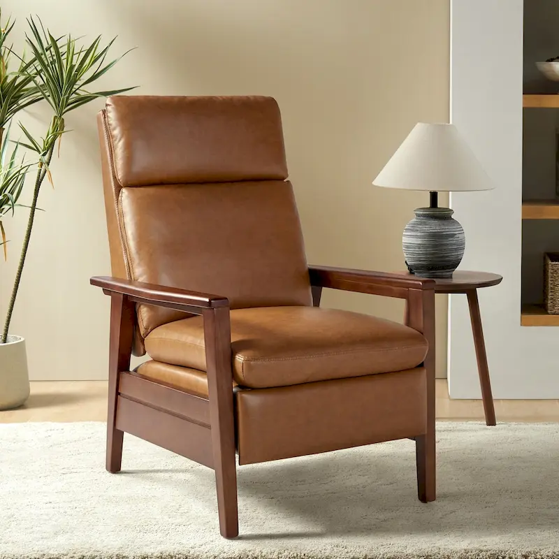 Mid-century Vegan Leather Solid Wood Recliner