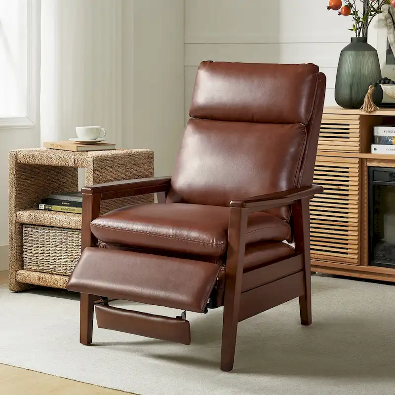 Mid-century Vegan Leather Solid Wood Recliner