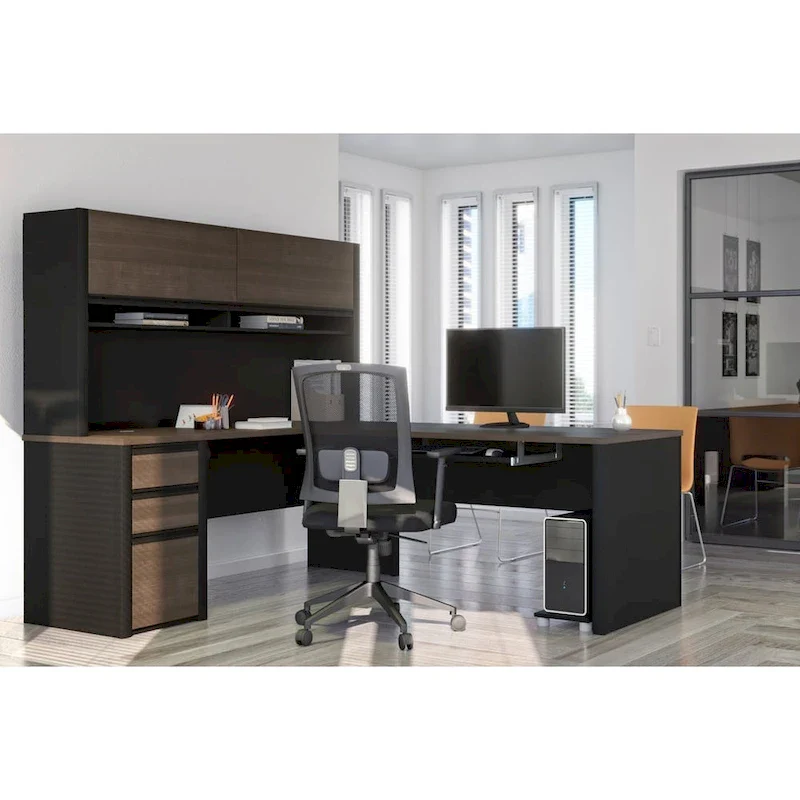 Bestar Connexion 72W L-Shaped Desk with Hutch and Pedestal