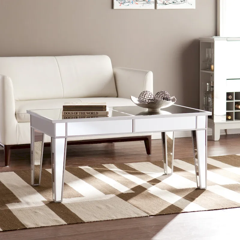 Silver Mirrored Rectangle Coffee Table with Metallic Trim - Single Use