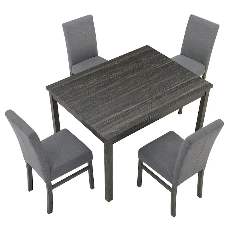 Rustic Style 5-Piece Dining Set with Rectangular Small Space Table and 4 Upholstered Dining Chairs