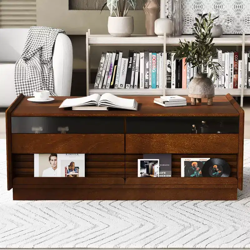 JVNOXK 47.2-inch Modern Wooden Rectangular Coffee Table with 4 Drawers and 2 Display Shelves, Tempered Glass Top, Suitable for Living Room, Brown