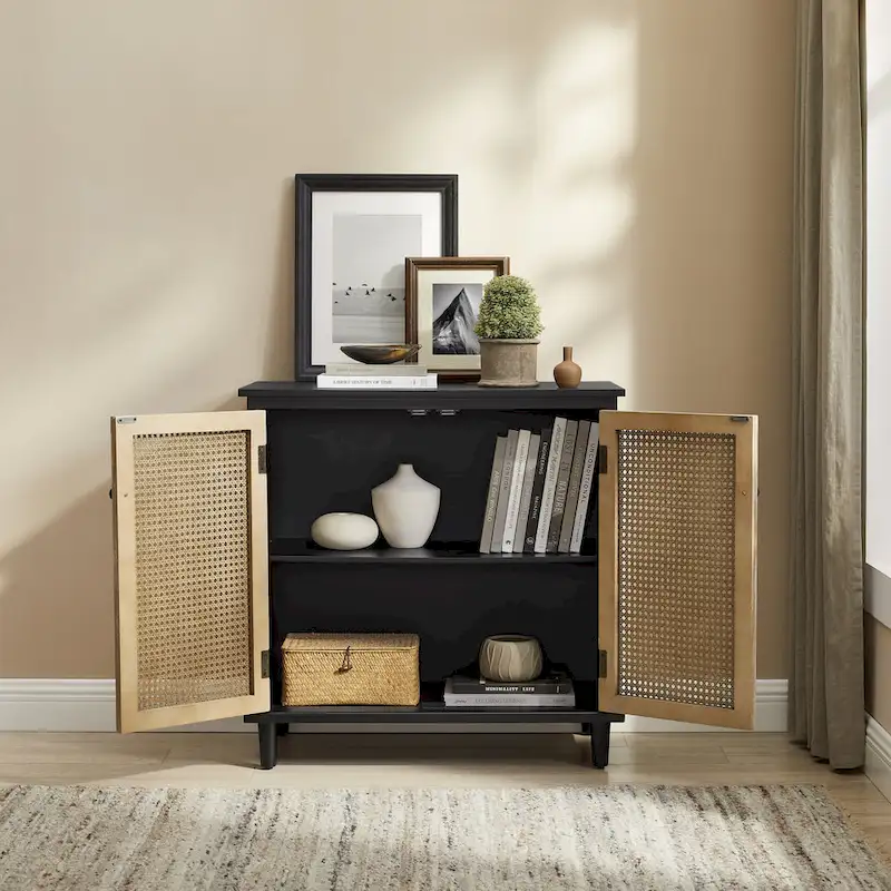 Natural Bamboo / Walnut Woven Rattan Accent Cabinet with Sliding or Standard Doors – Single Unit